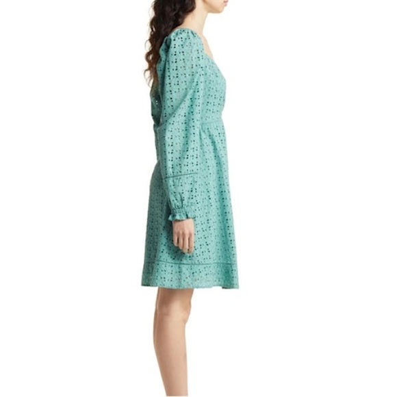 Chelsea 28 CINCHED FRONT EYELET LONG SLEEVE A-LINE DRESS IN GREEN SEAGLASS small - Picture 8 of 14